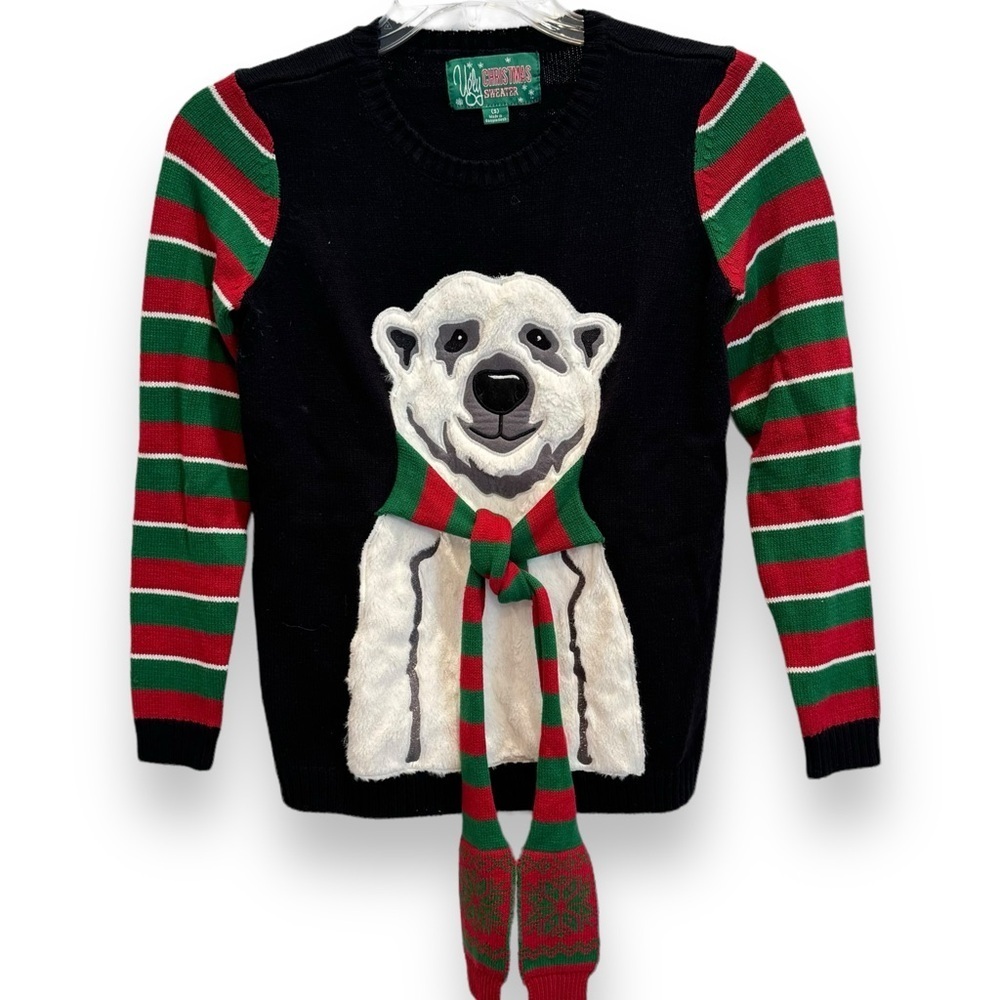 Ugly Christmas Sweater Size Small Faux Fur Polar Bear Attached Red Green Scarf